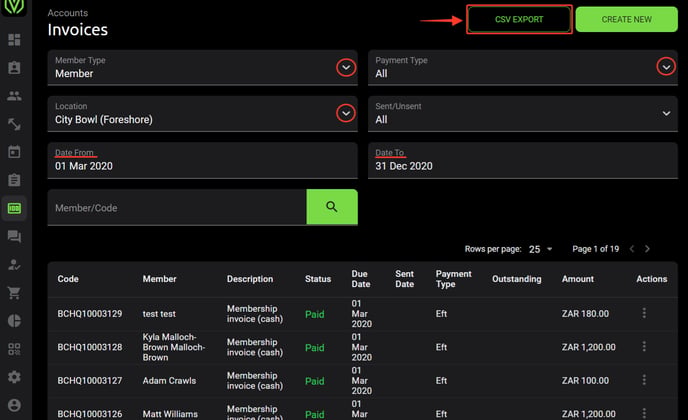 Accounts Invoices filters