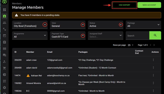 Manage Members export filters
